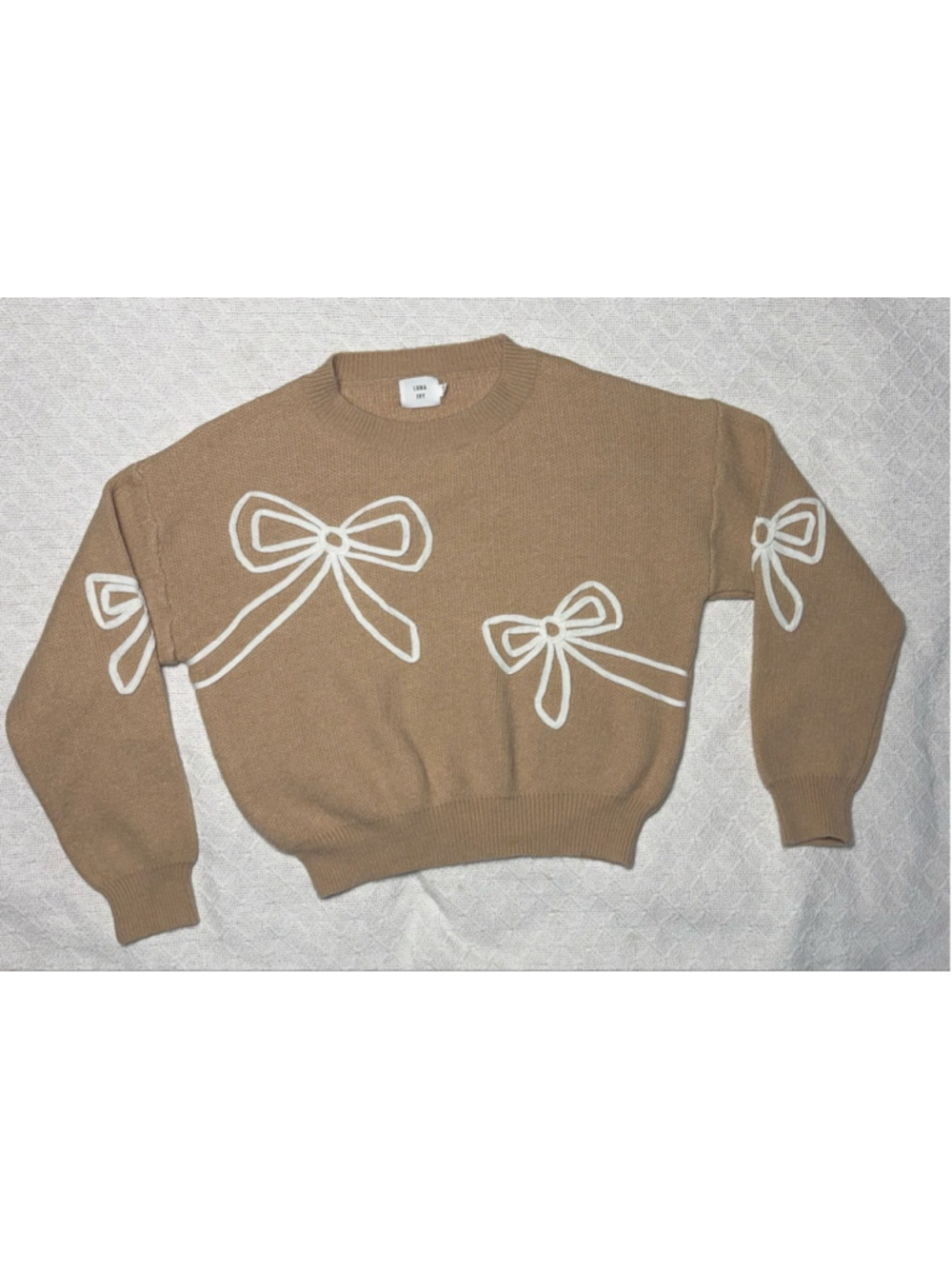 EUC Luna Ivy Tan & White Soutache Bow Coquette Balletcore Sweater SZ Small